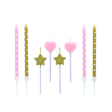 Pink Hearts and Gold Star Candles x 8
