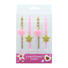 Pink Hearts and Gold Star Candles x 8